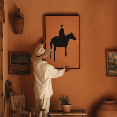 A person in a white outfit and wide-brim hat hangs a framed art print on a warm terracotta-colored wall in a rustic room. The print shows a black silhouette of a rider on a horse against a solid orange background.