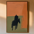 Crossing abstract Western horse and rider print in a thin brown frame