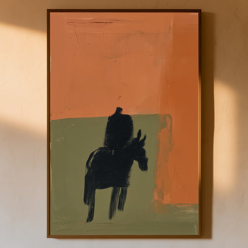 Crossing abstract Western horse and rider print in a thin brown frame